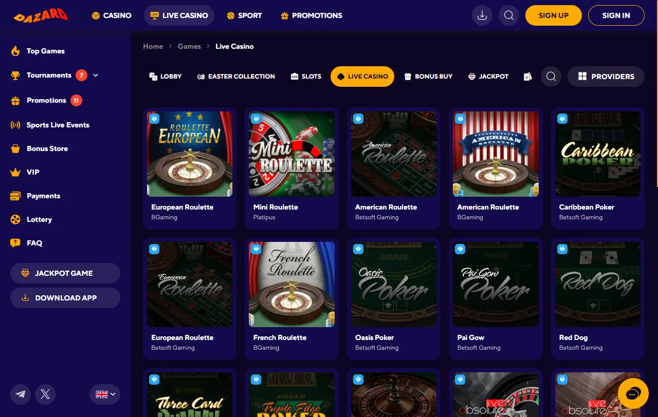 Spielauswahl bei Dazard Casino mit Slots von Pragmatic Play und Hacksaw Gaming