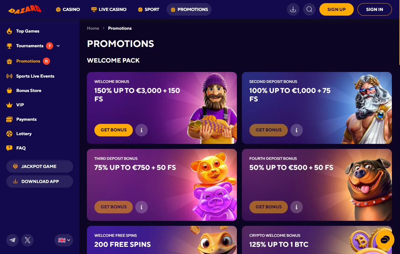 Willkommenspaket bei Dazard Casino mit 375 % und 325 Freispielen über vier Einzahlungen