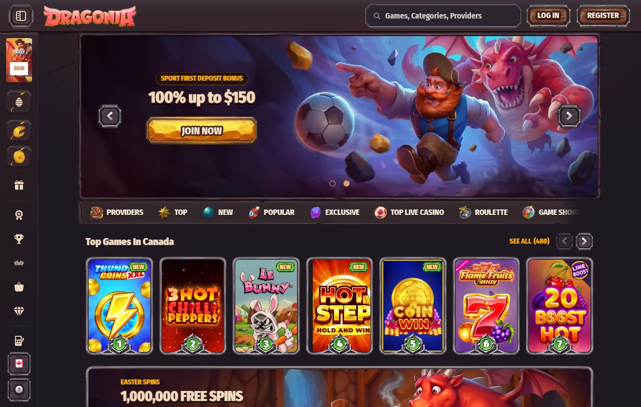 Dragonia Casino Startseite mit Casino, Live Casino und Sportwetten im Überblick