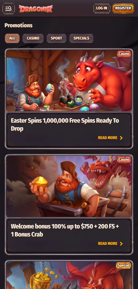 Dragonia Casino Kassenbereich mit Karten, E-Wallets und Kryptowährungen für Einzahlungen