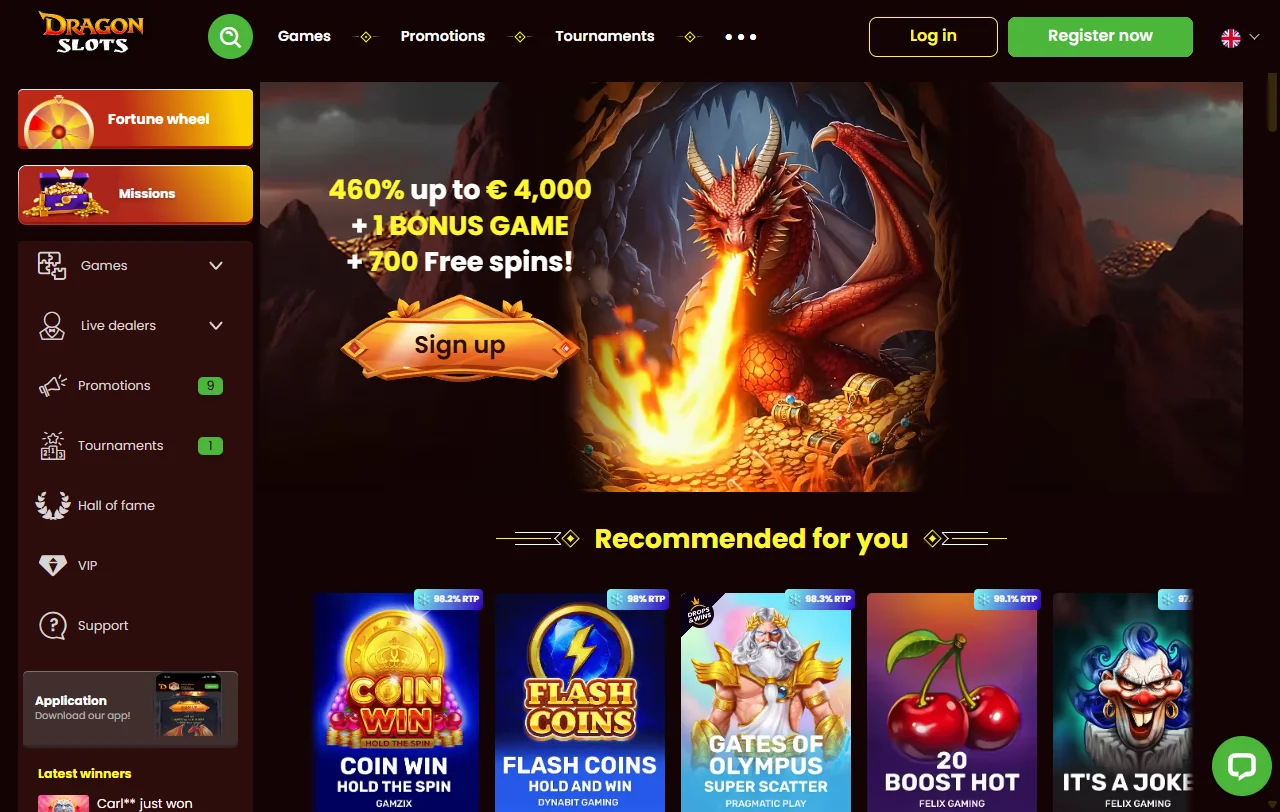 Überblick über DragonSlots Casino mit Lobby, Rubriken und Zugang zum Live-Bereich