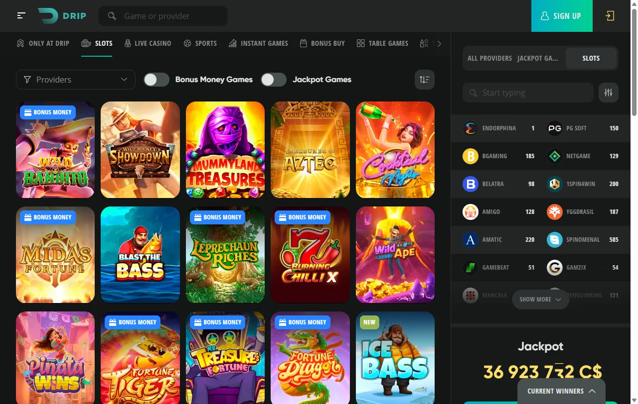 Startseite von Drip Casino mit Überblick über Angebot und Kontobereich