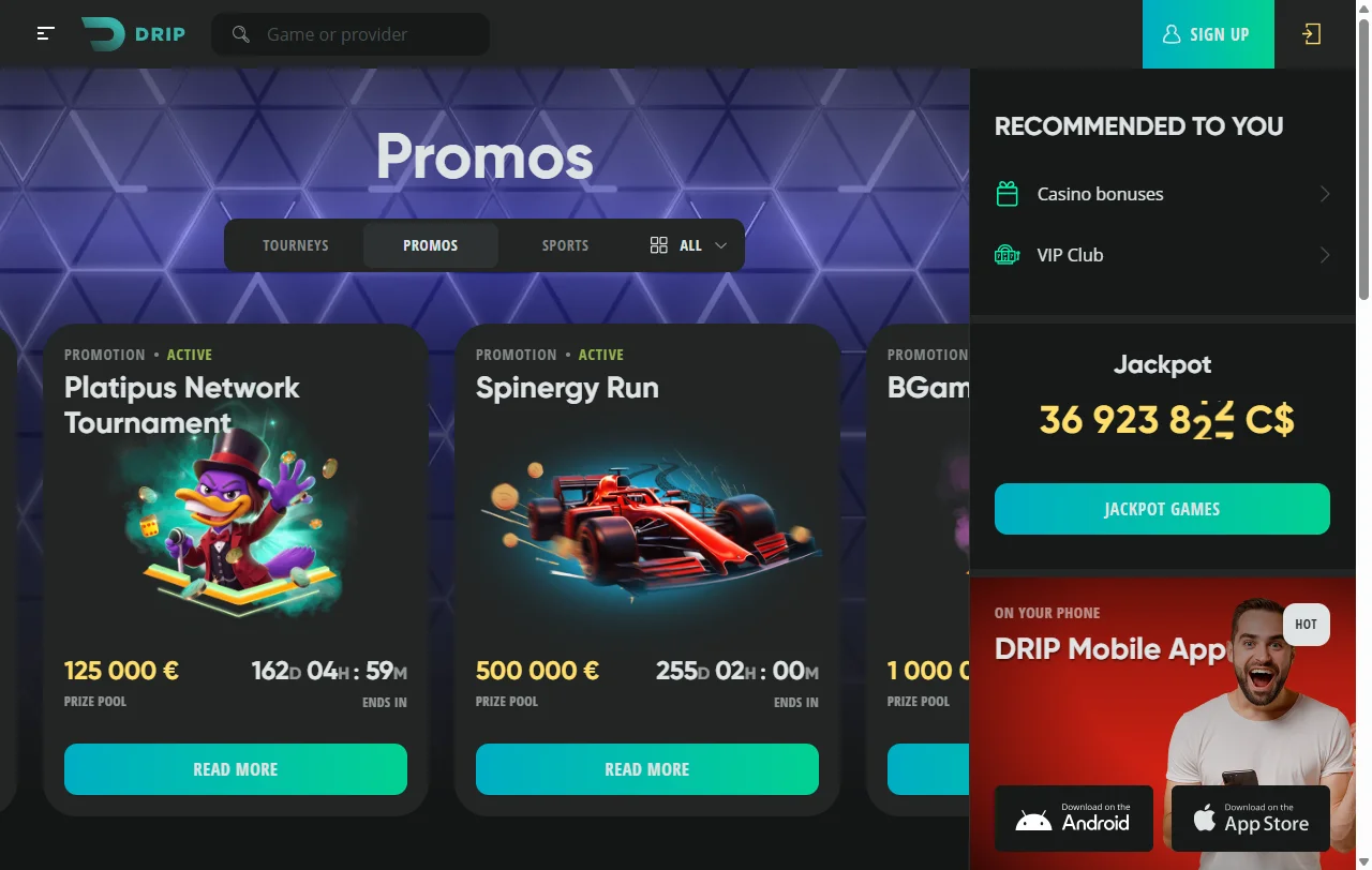 Spielkatalog von Drip Casino mit Slots und Live-Tischen verschiedener Anbieter