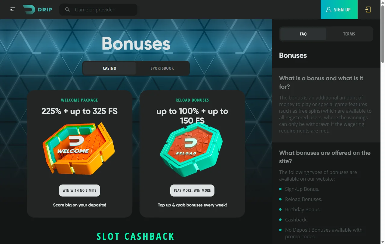 Willkommenspaket von Drip Casino mit Bonus auf die ersten drei Einzahlungen