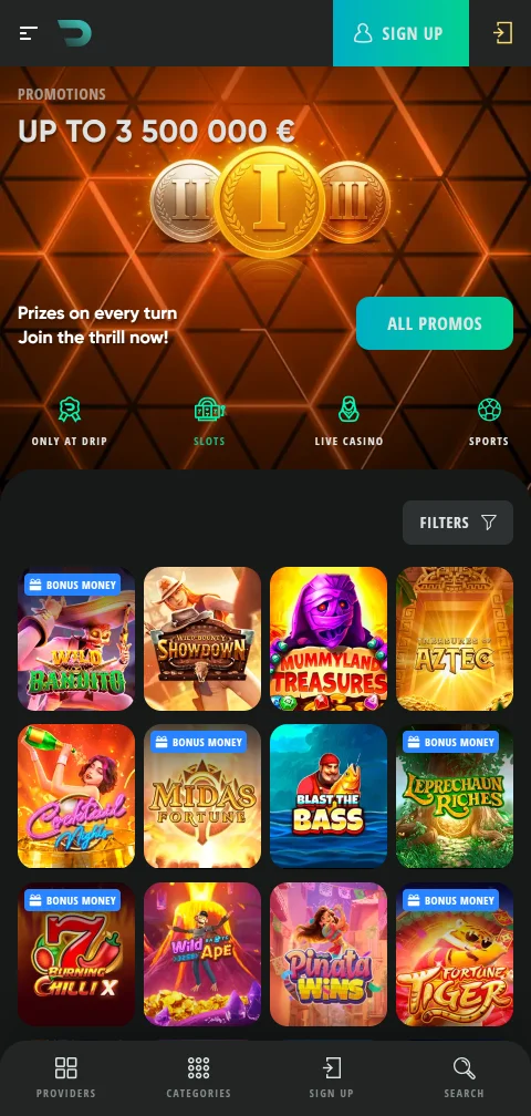 Mobile Browserversion von Drip Casino auf einem Smartphone mit Spielauswahl