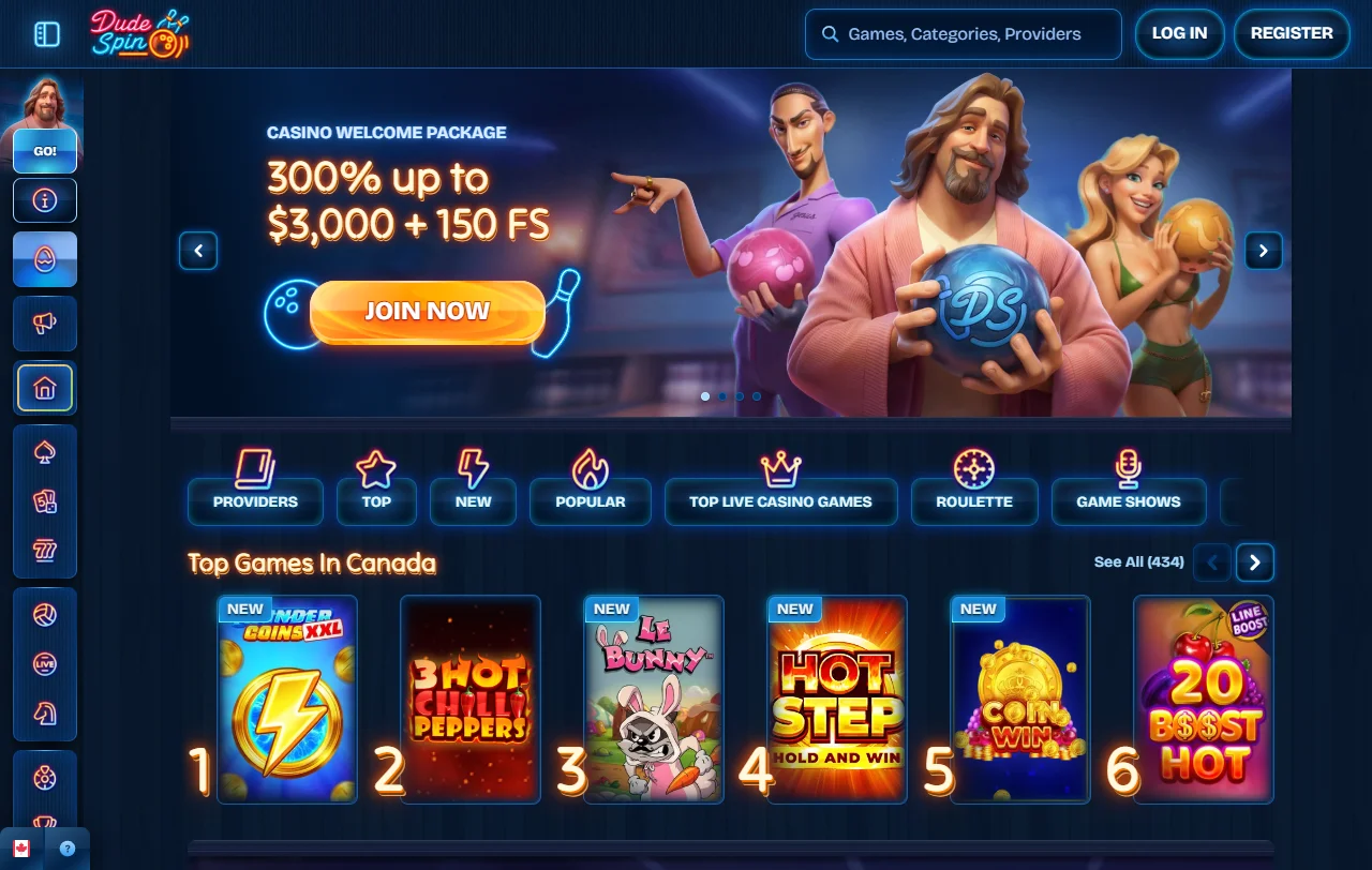 DudeSpin Casino Startseite mit Übersicht über Spiele, Aktionen und Kontozugang