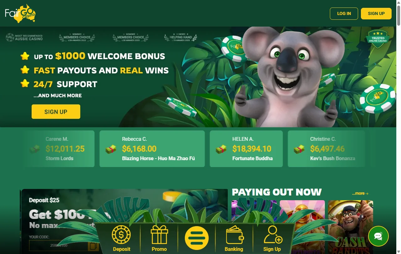 Fair Go Casino Startseite mit Überblick über Angebot und Kontowährung AUD