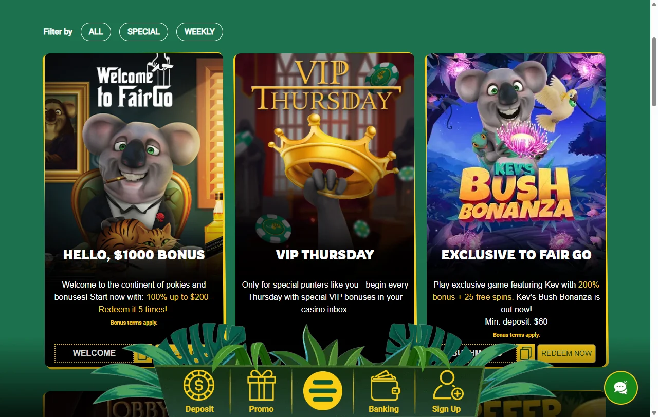 Fair Go Casino Spielauswahl mit über 280 Slots von RealTime Gaming
