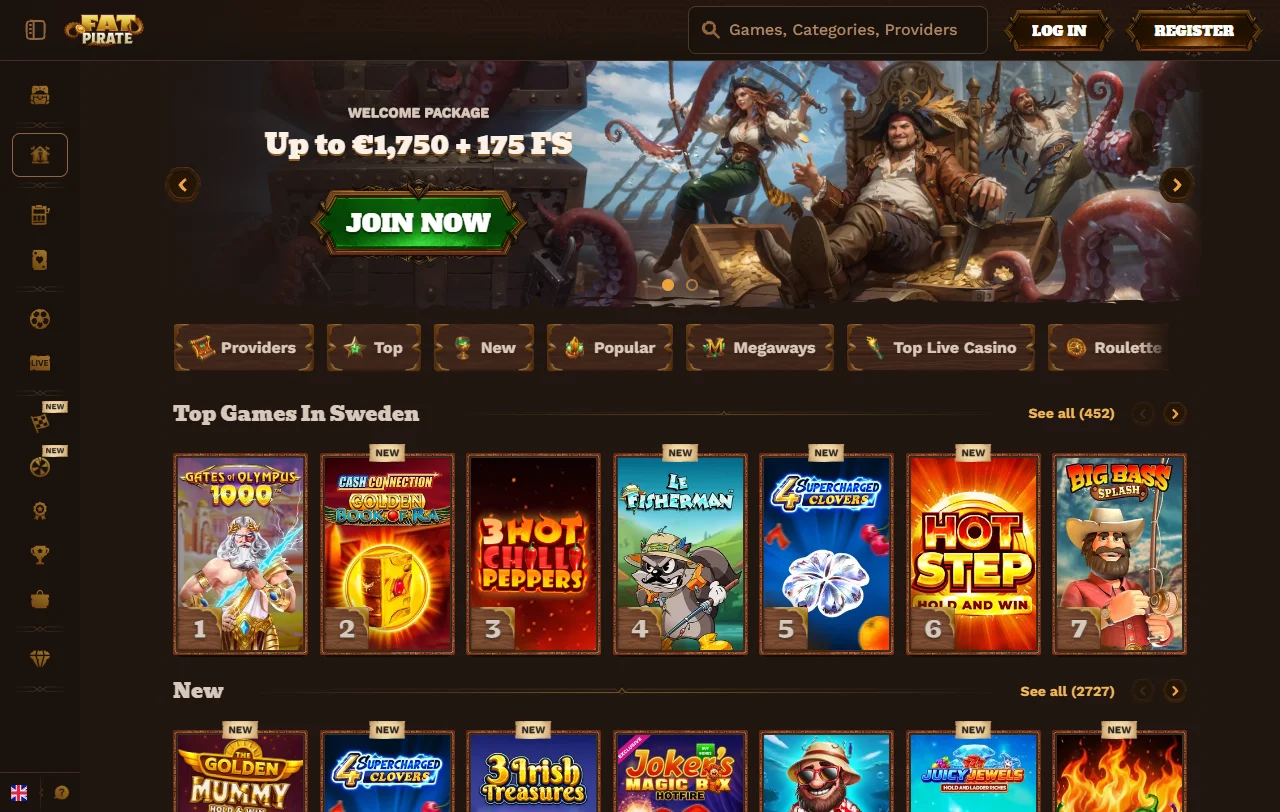 Startseite von Fat Pirate Casino mit Lobby, Sportwetten und Aktionen für Schweizer Spielerinnen