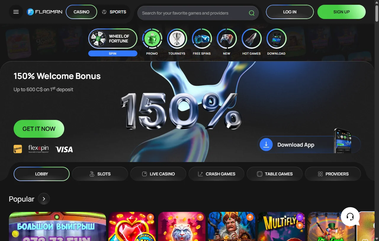 Startseite von Flagman Casino mit Spielkategorien und Sportwetten im Überblick