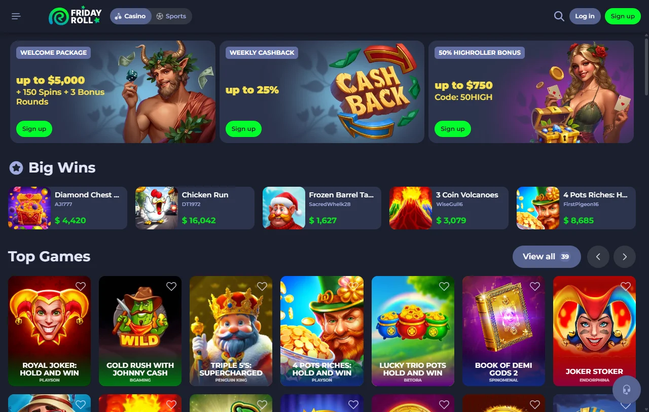 FridayRoll Casino im Überblick mit Lobby, Kategorien und Kontowährung CHF