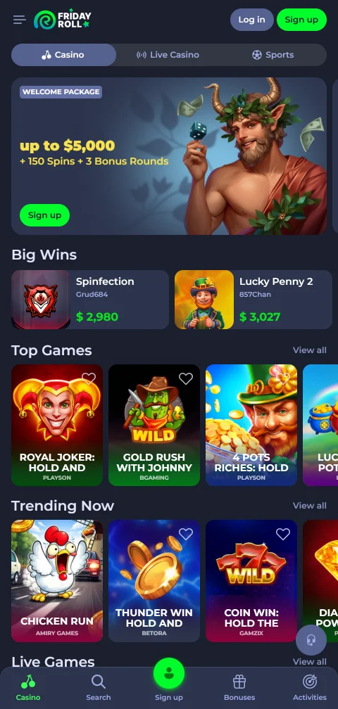 FridayRoll Casino mobil im Browser mit Live-Tischen von Evolution