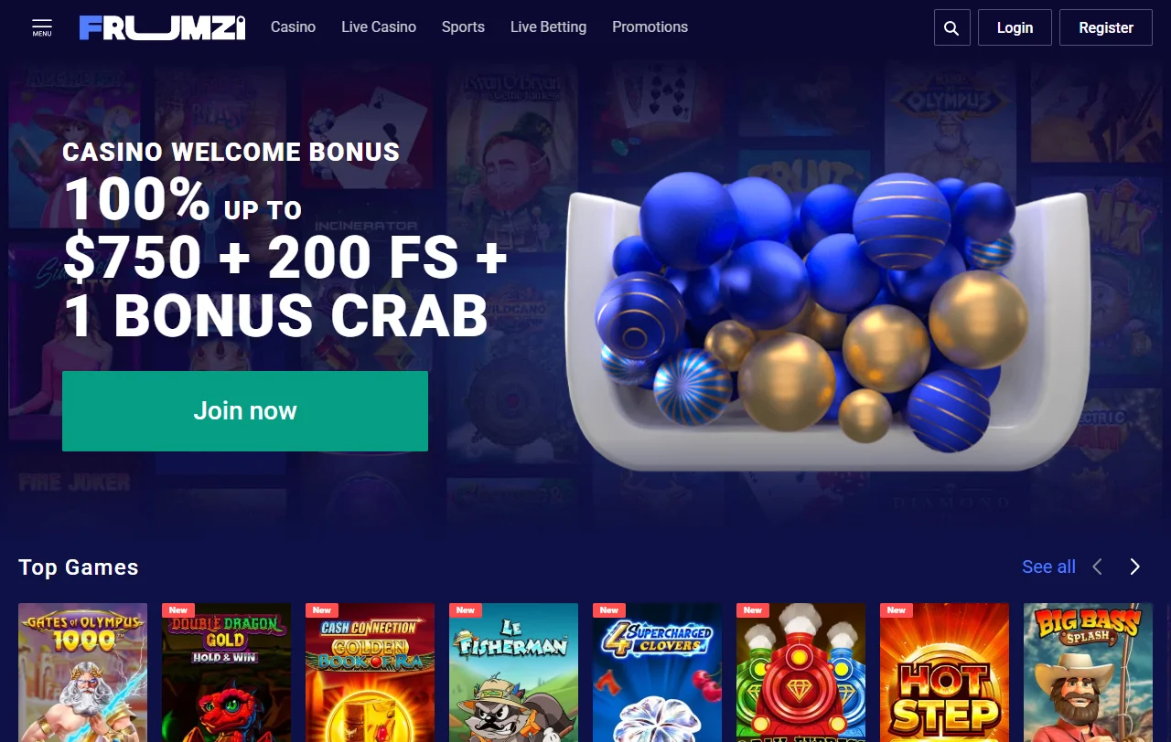 Startseite von Frumzi Casino mit Schweizer Sprachversion und Sportwettenbereich