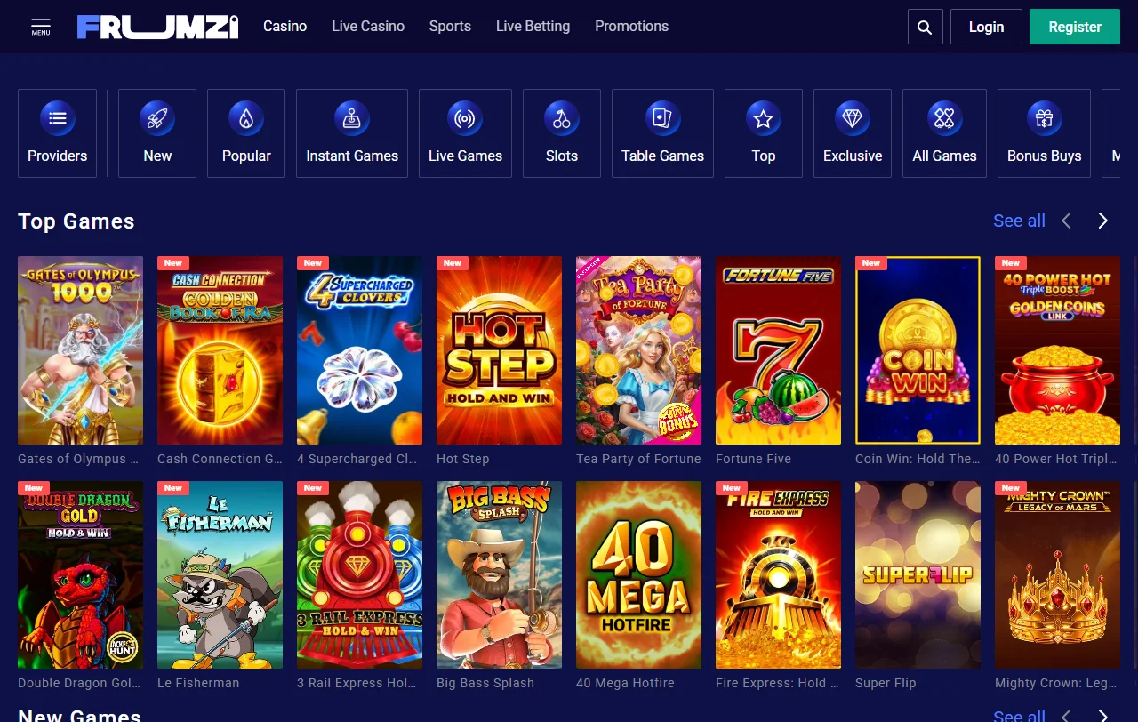 Spielelobby von Frumzi Casino mit Slots von Pragmatic Play und Play
