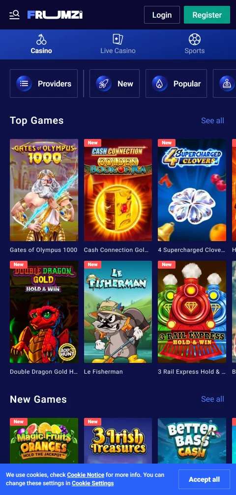 Kasse von Frumzi Casino mit Karten, E-Wallets und Kryptowährungen für Einzahlungen