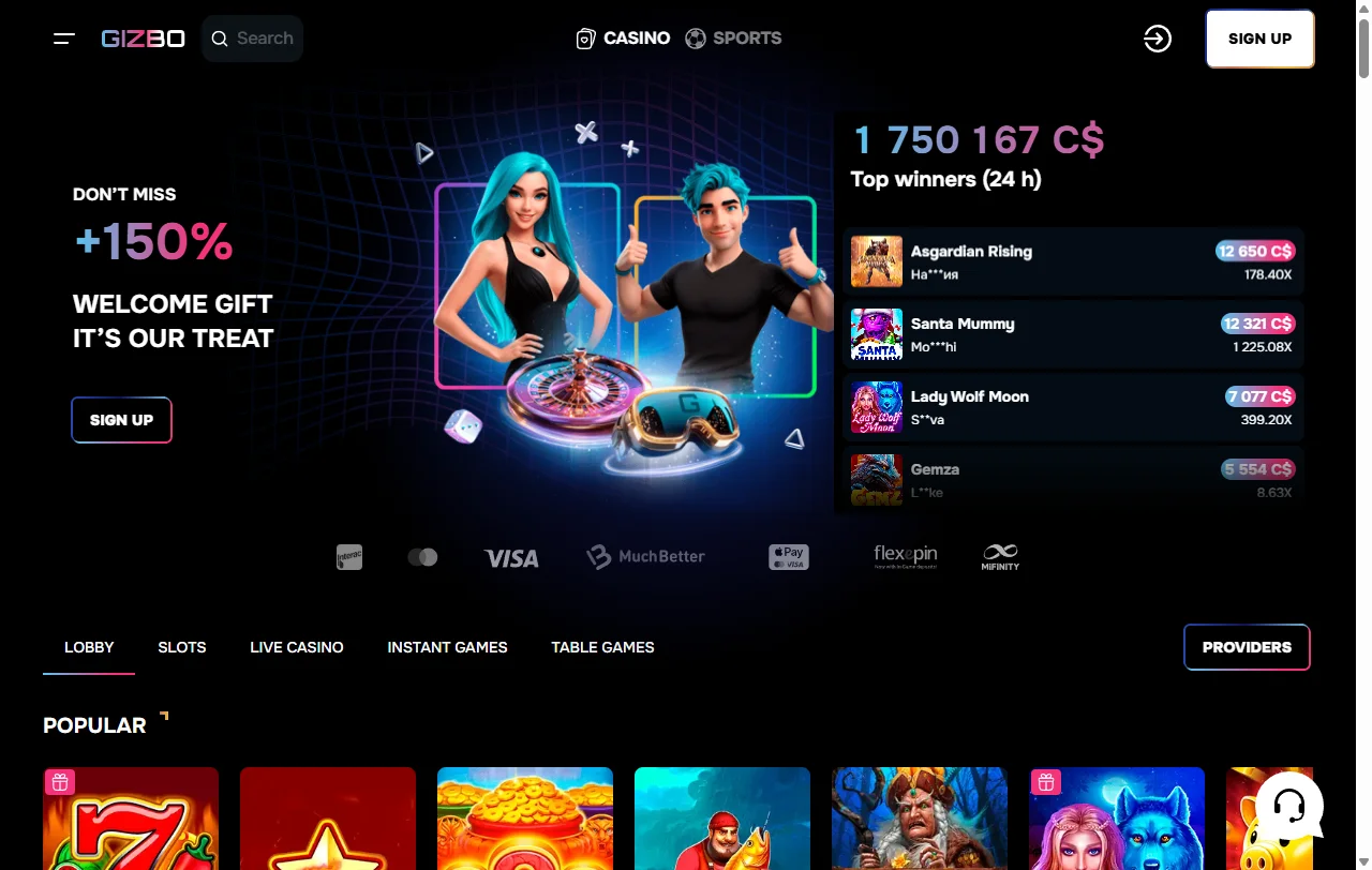 Startseite von Gizbo Casino mit Lobby, Spielkategorien und aktuellem Willkommensangebot im Überblick
