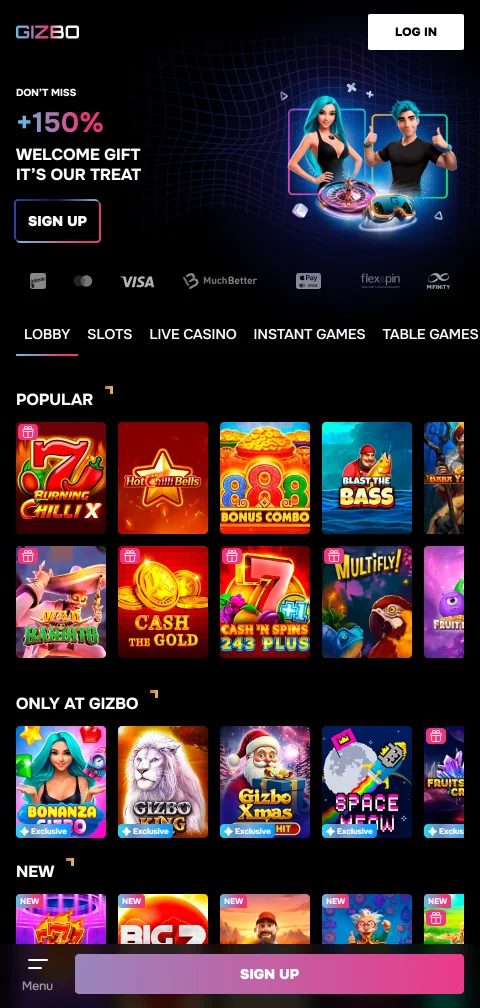Mobile Website von Gizbo Casino im Smartphone-Browser ohne native App