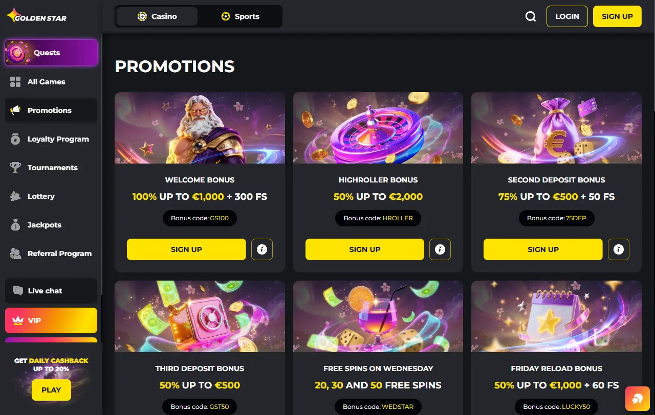 Startseite von Golden Star Casino mit Lobby, Aktionen und Spielkategorien im Überblick