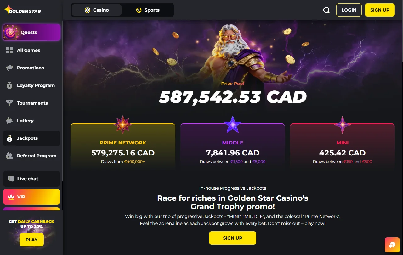 Spielauswahl bei Golden Star Casino mit Slots, Jackpots und Live-Tischen von Evolution