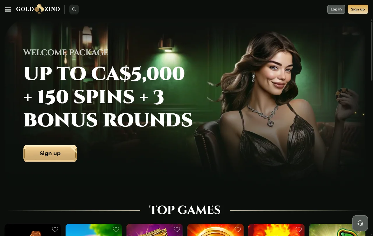 Goldzino Casino Startseite mit Überblick über Casino, Live Casino und Sportwetten