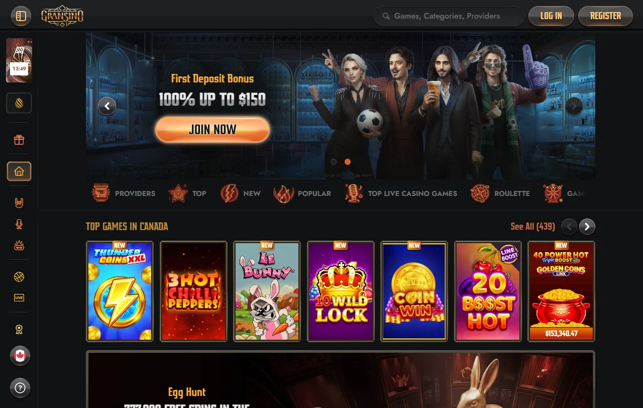 Gransino Casino im Überblick mit Casino, Sportwetten und Musik-Thema