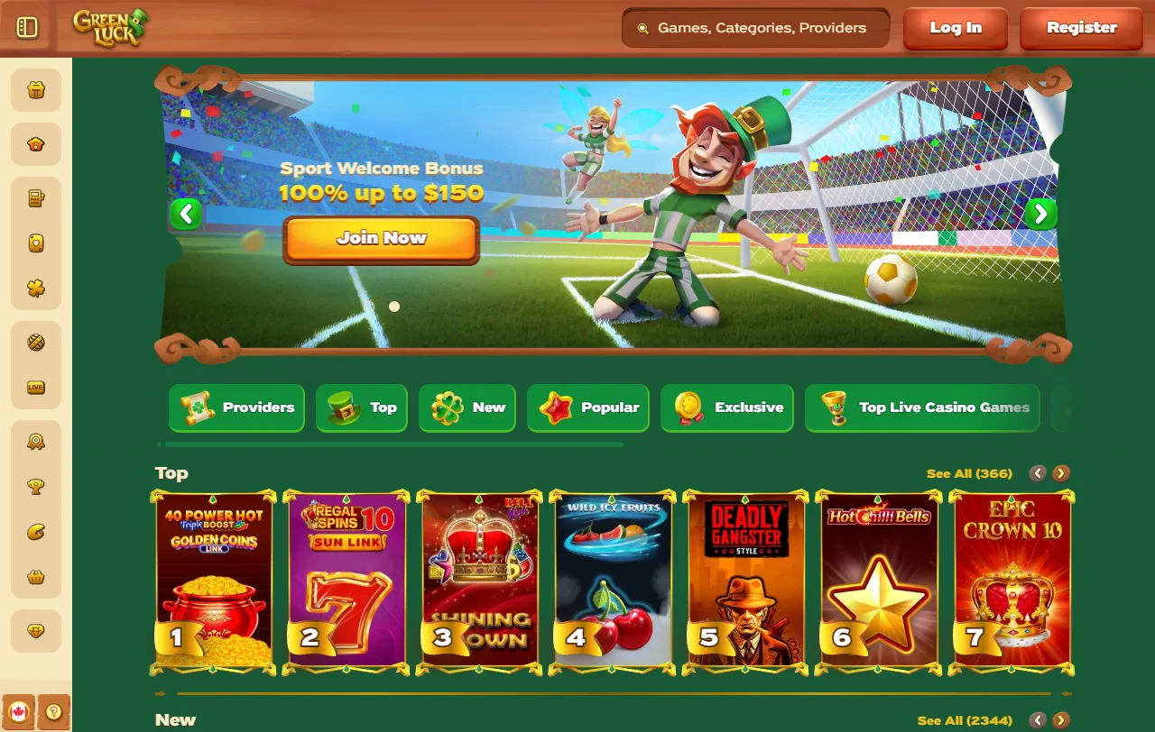 Startseite von GreenLuck mit Casino, Sportsbook und aktuellen Aktionen im Überblick