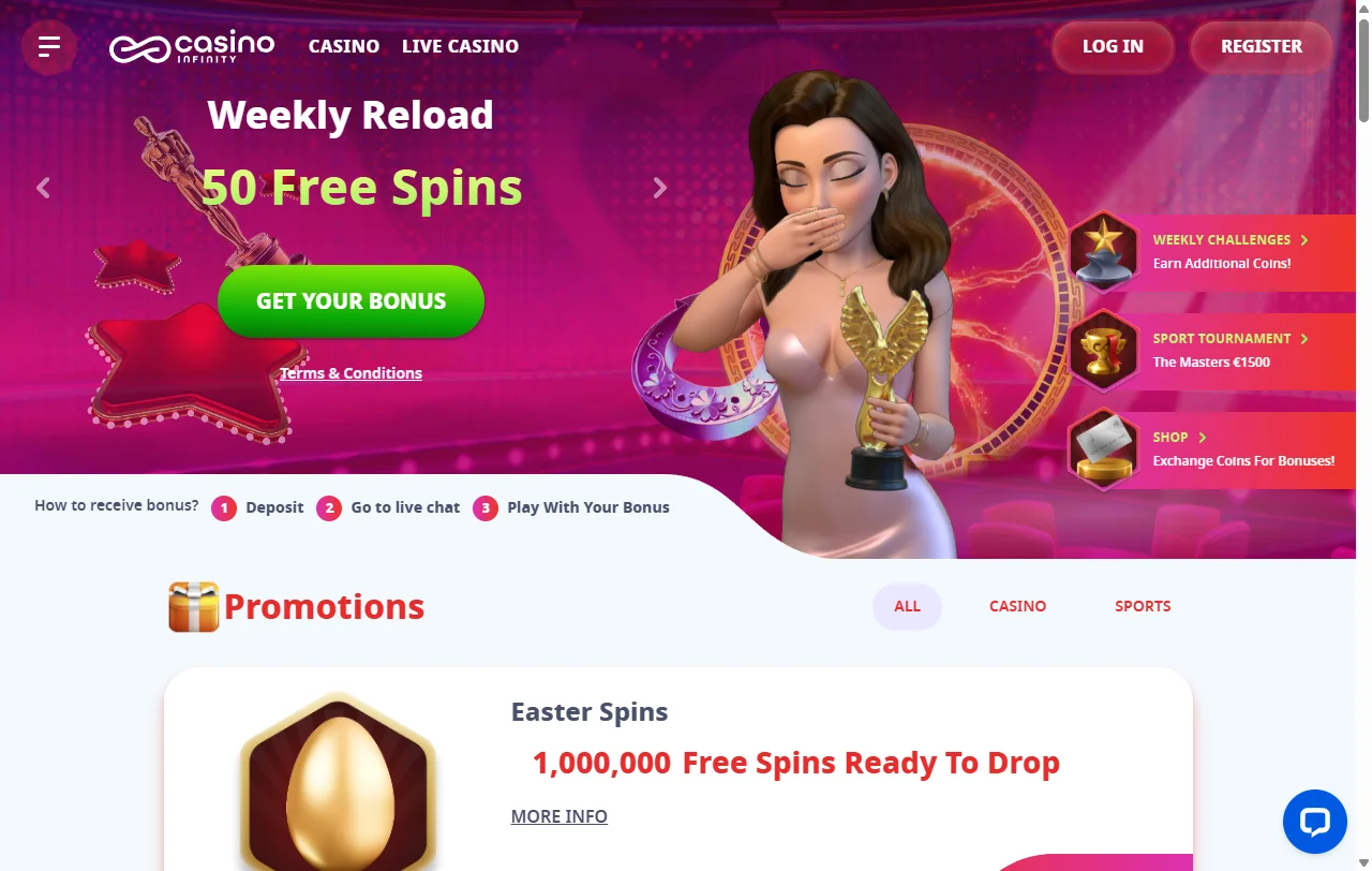 Startseite von Infinity Casino mit Überblick über das Spiel- und Wettangebot
