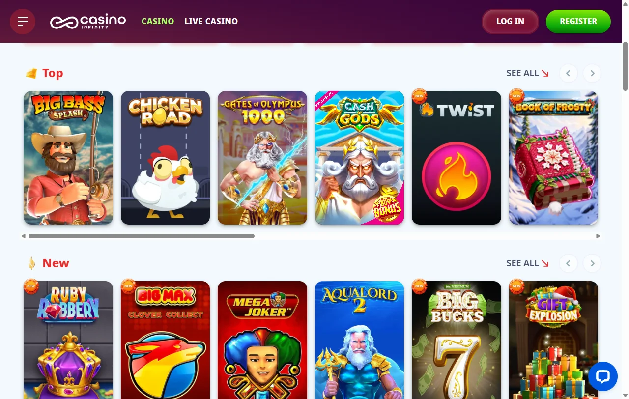 Spielauswahl von Infinity Casino mit Slots und Live-Tischen von Evolution