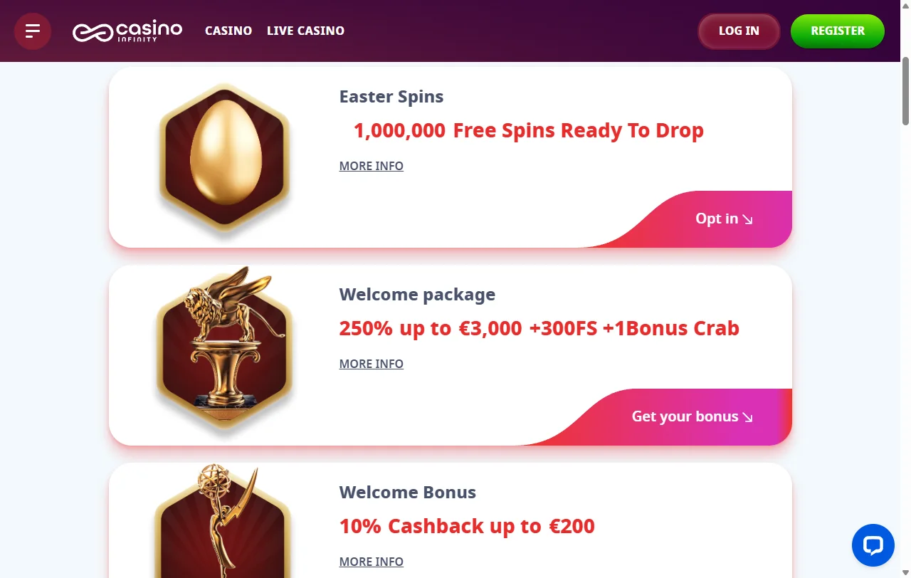 Willkommenspaket von Infinity Casino mit 250 % Bonus und 350 Freispielen