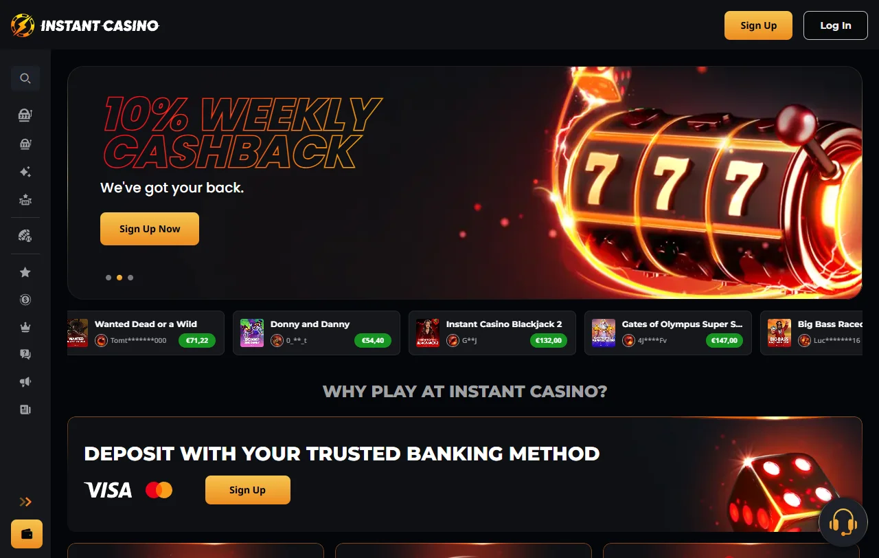 Instant Casino Startseite mit Überblick über Willkommensbonus, Cashback und Auszahlungsversprechen