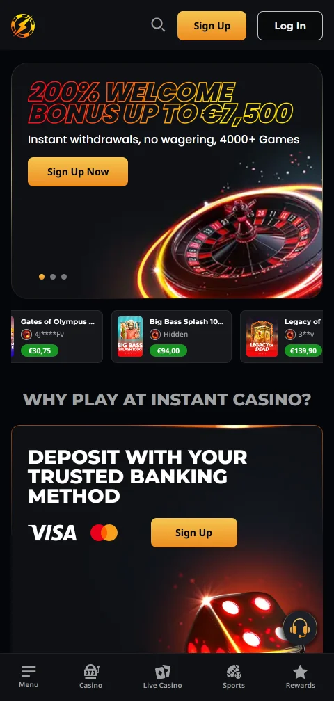 Instant Casino im mobilen Browser mit Lobby und Live-Casino-Bereich