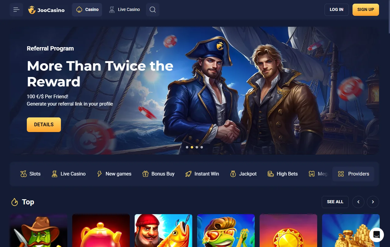 Startseite von Joo Casino mit Übersicht über Spielkategorien und Aktionen