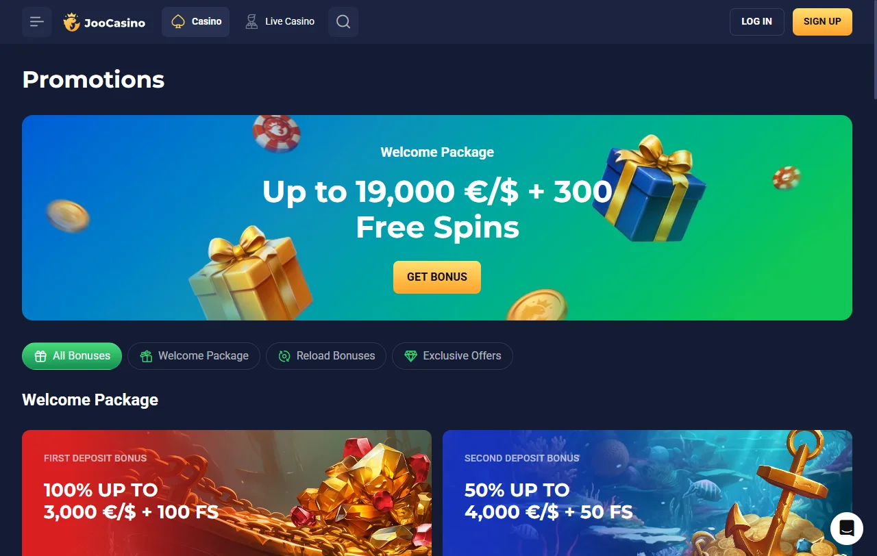 Willkommenspaket von Joo Casino mit vier Einzahlungsstufen und Bonuscodes