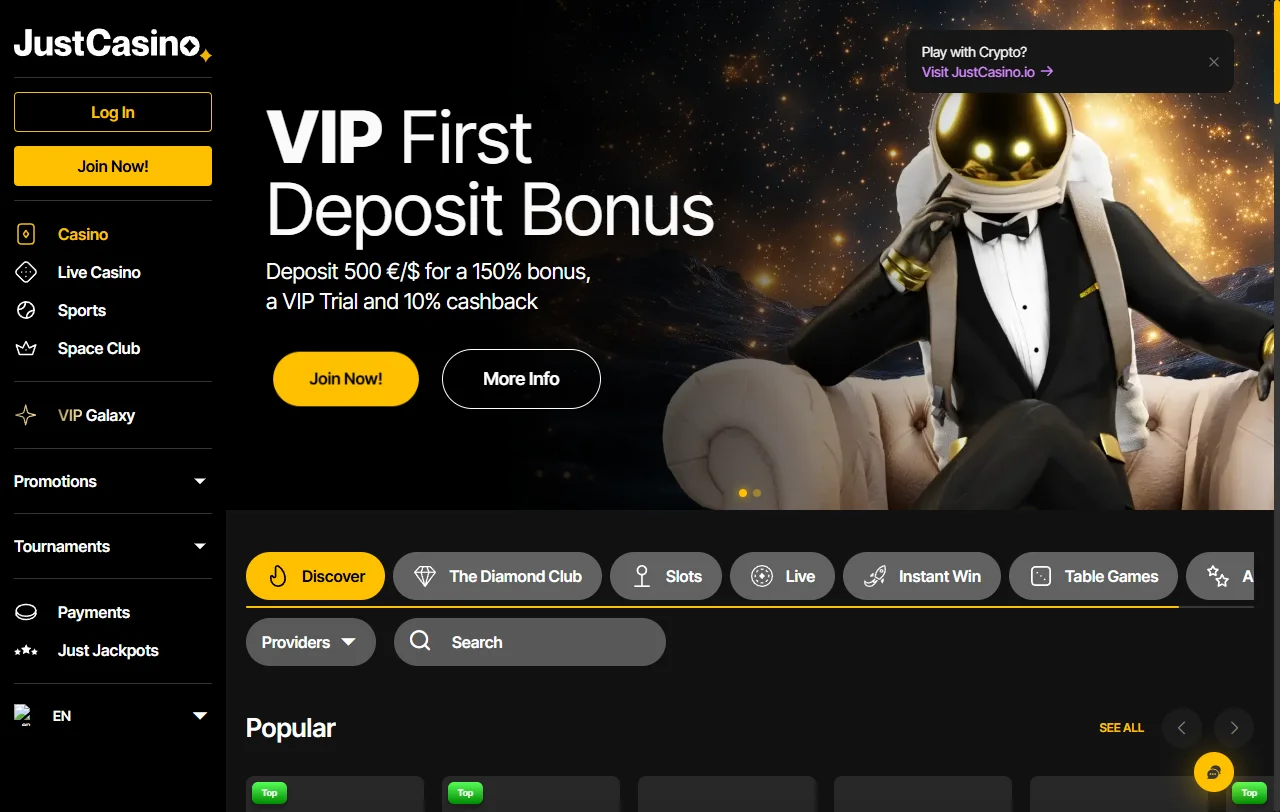 Startseite von Just Casino mit Weltraum-Design und Überblick über das Angebot