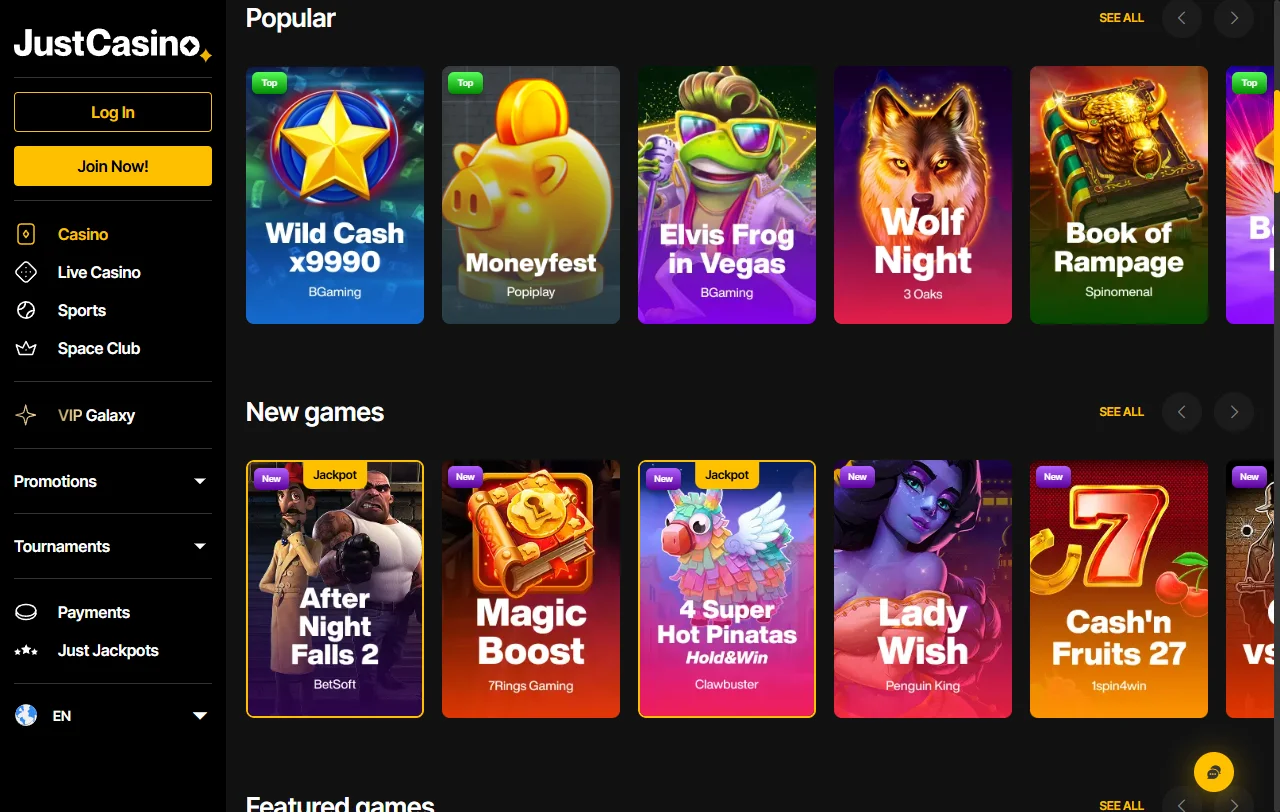 Spiellobby von Just Casino mit Slots, Jackpots und Anbieterfilter für Schweizer Spieler