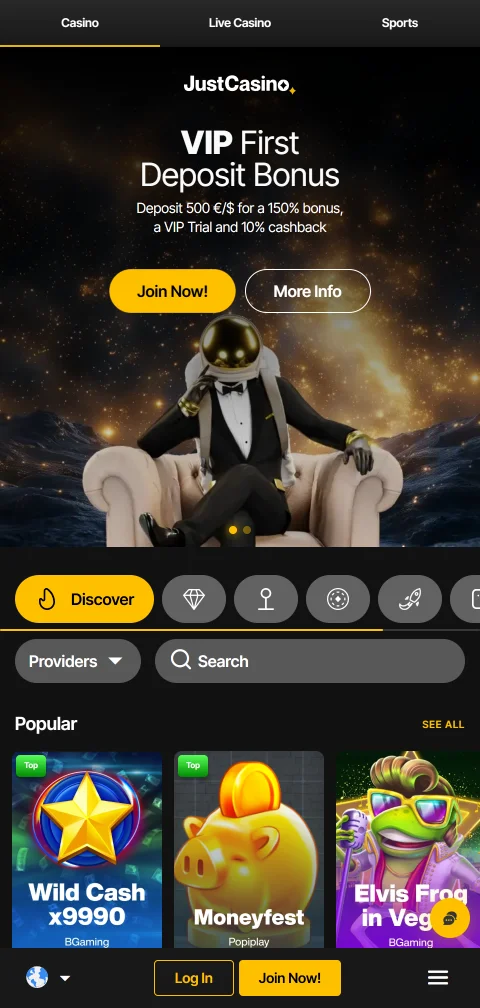 Just Casino im mobilen Browser mit aufklappbarem Seitenmenü und Spielsuche