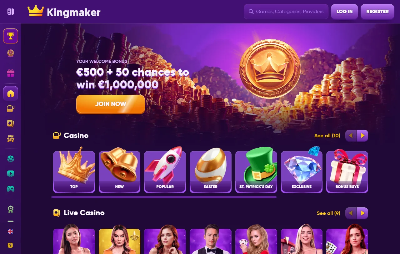 Startseite von Kingmaker Casino mit Spielarchiv, Sportwetten und Kontobereich im Überblick