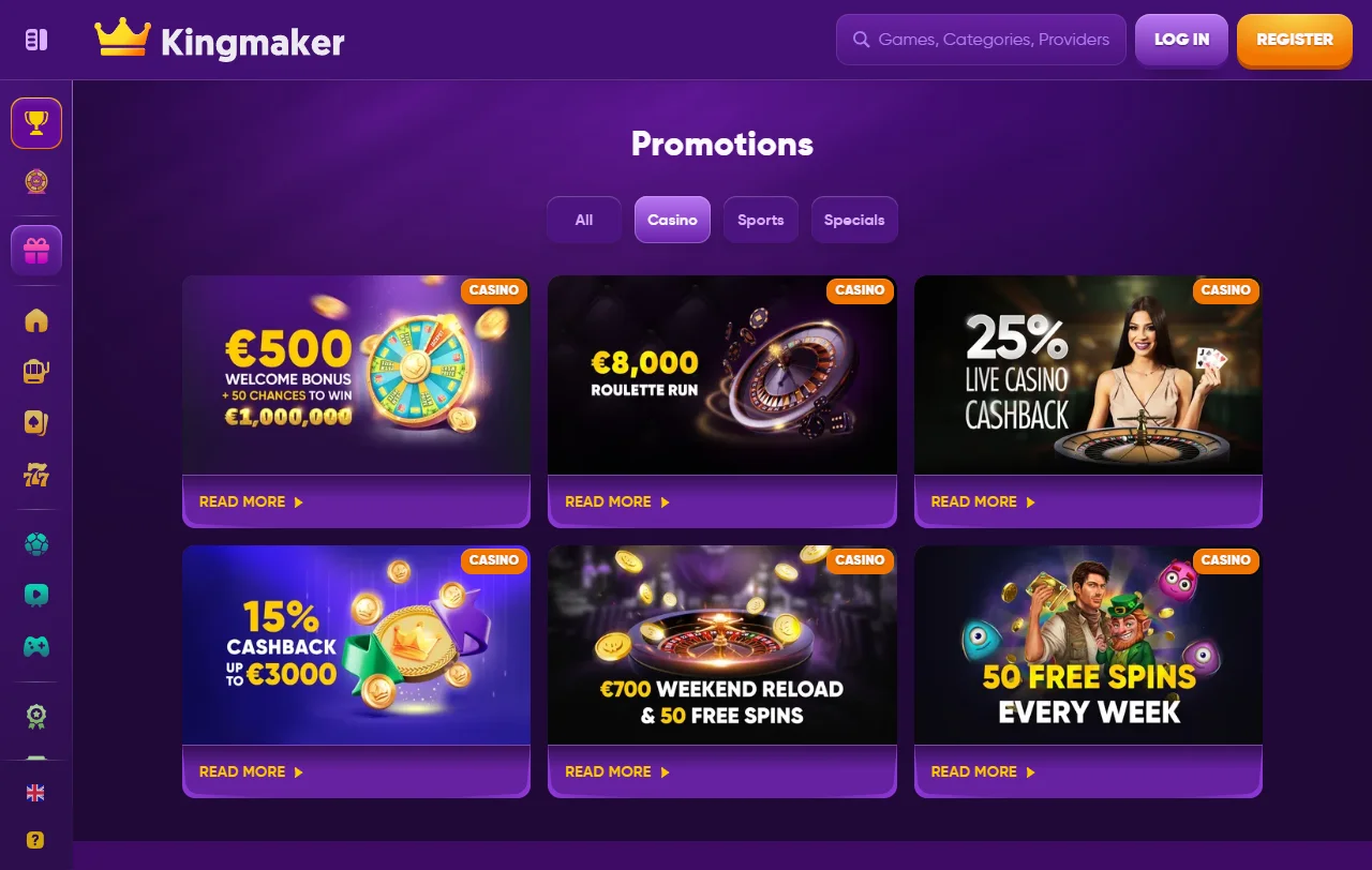 Slot-Lobby von Kingmaker Casino mit Titeln von Pragmatic Play und Play