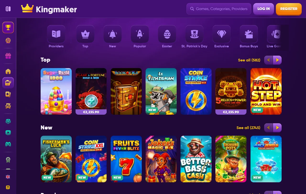 Bonusbereich von Kingmaker Casino mit Willkommensbonus bis CHF 550 und Freispielen
