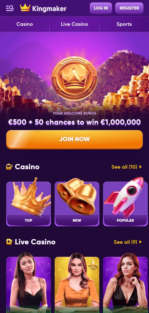 Kingmaker Casino im mobilen Browser mit Spielsuche und Filtern auf dem Smartphone