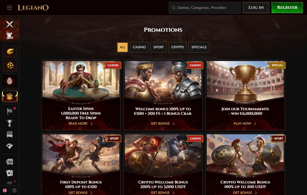 Spielauswahl bei Legiano Casino mit Slots von Hacksaw Gaming und Play