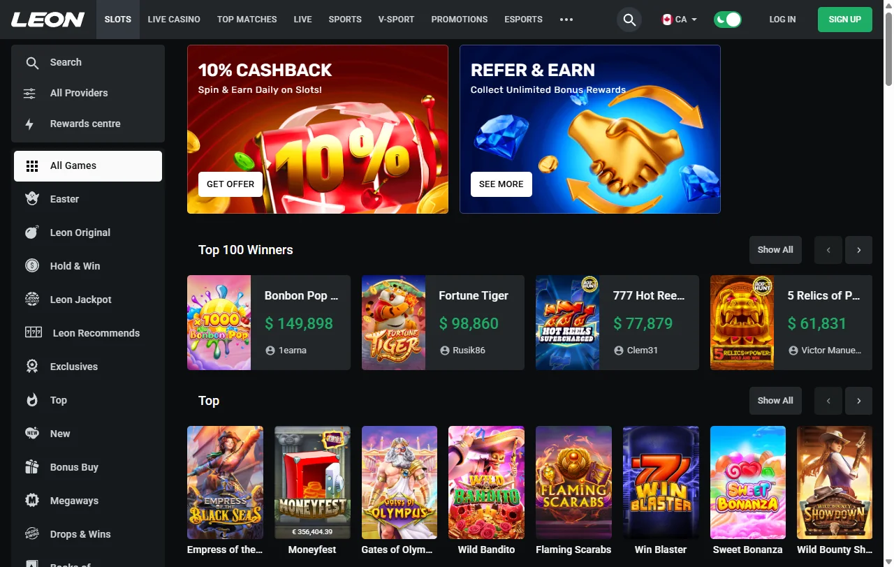 Leon Casino Spielauswahl mit über 4