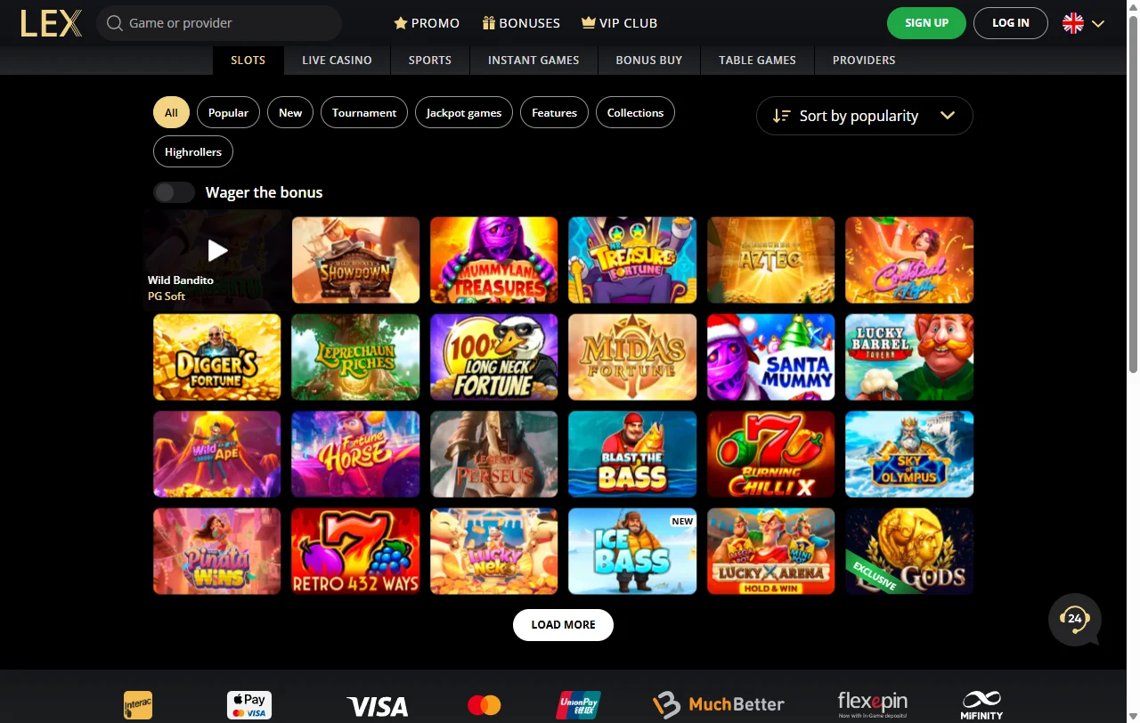 Spielauswahl bei Lex Casino mit rund 7