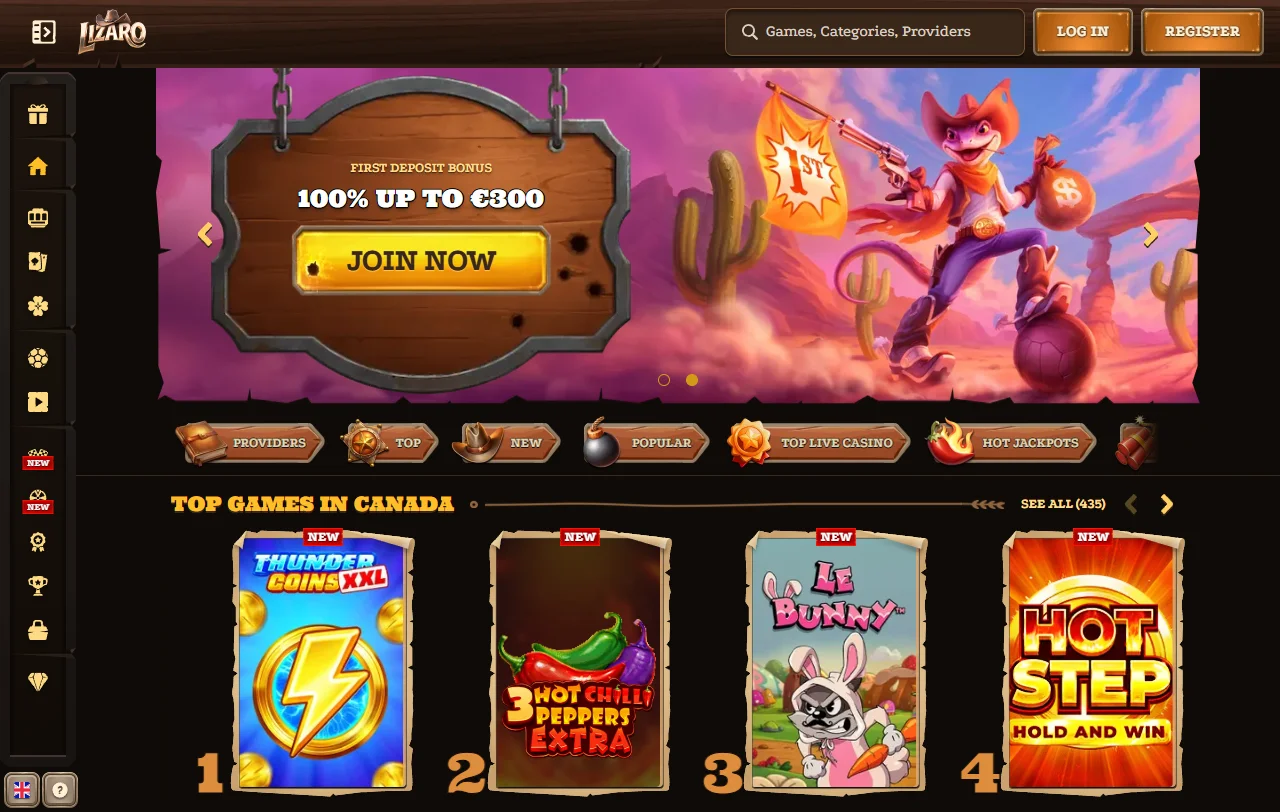 Lizaro Startseite mit Bereichen für Casino, Live Casino und Sportwetten