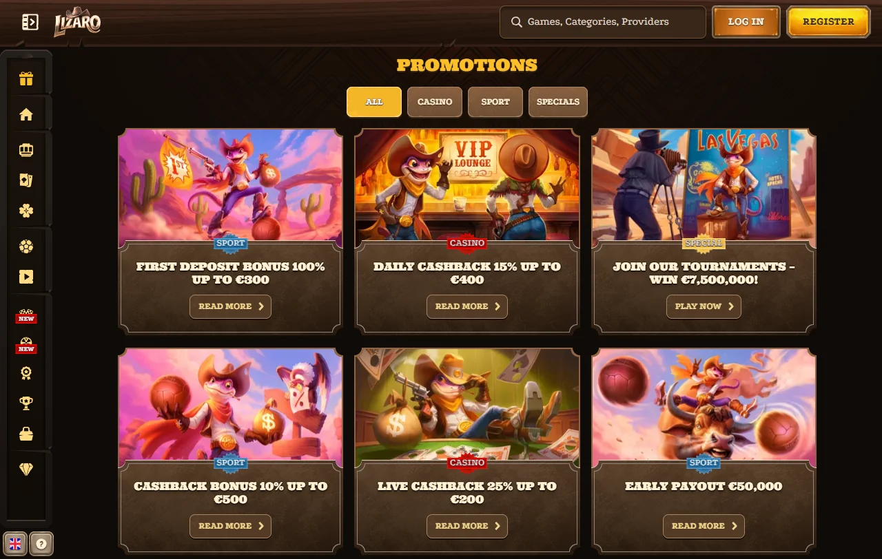 Lizaro Spielelobby mit Slots von rund 111 Anbietern