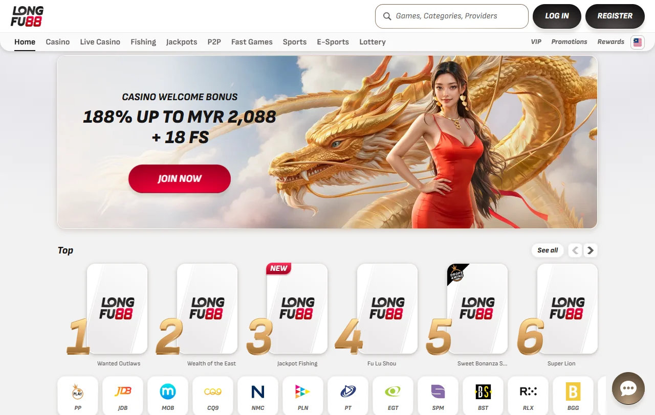 Startseite von Longfu88 Casino mit Sportwetten, Slots und Live-Bereich im Überblick
