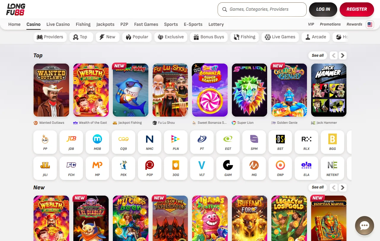 Spielauswahl von Longfu88 Casino mit Slots von Pragmatic Play und Hacksaw Gaming