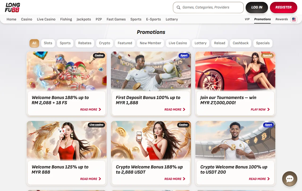 Bonusbereich von Longfu88 Casino mit Willkommensbonus, Cashback und VIP-Stufen