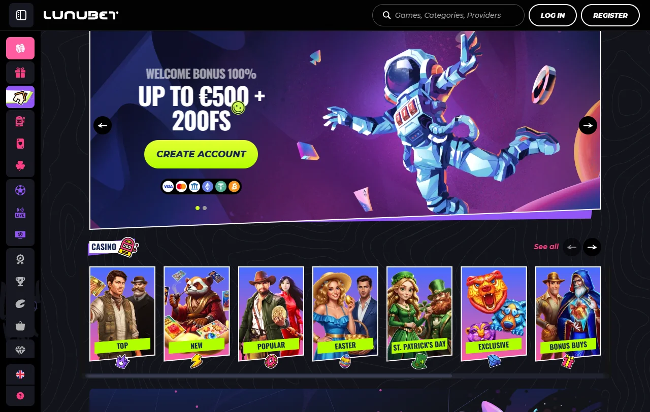 Startseite von Lunubet Casino mit Casino, Live-Casino und Sportwetten auf einem Konto