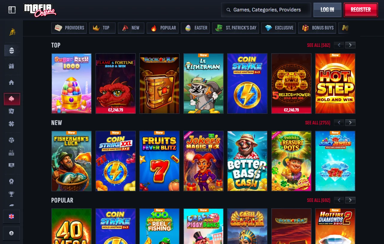 Mafia Casino Spielauswahl mit Slots von über 100 Anbietern